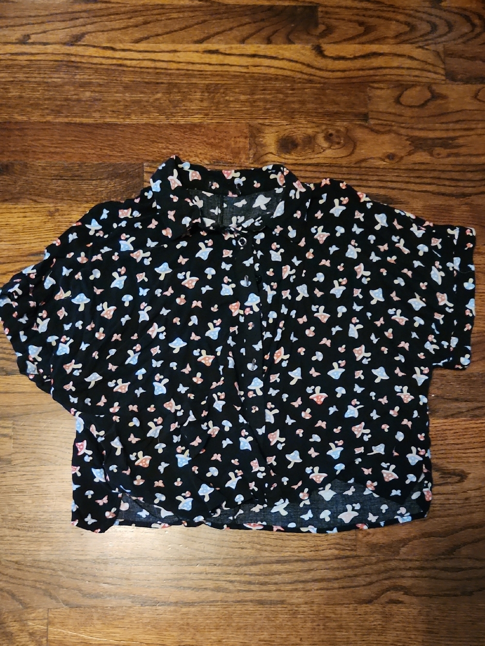 Black Short-Sleeve Cropped Button-Up Top with Butterflies And Mushromms Print